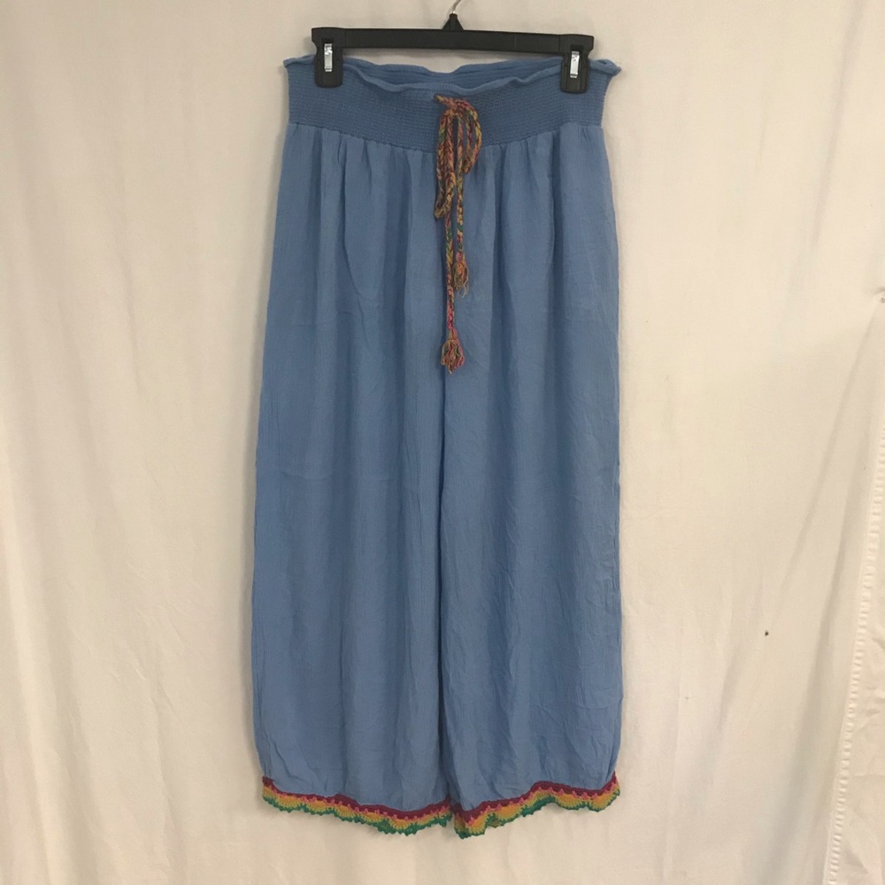 Indigo Rein Blue Wide Leg Boho Pants Colorful Trim